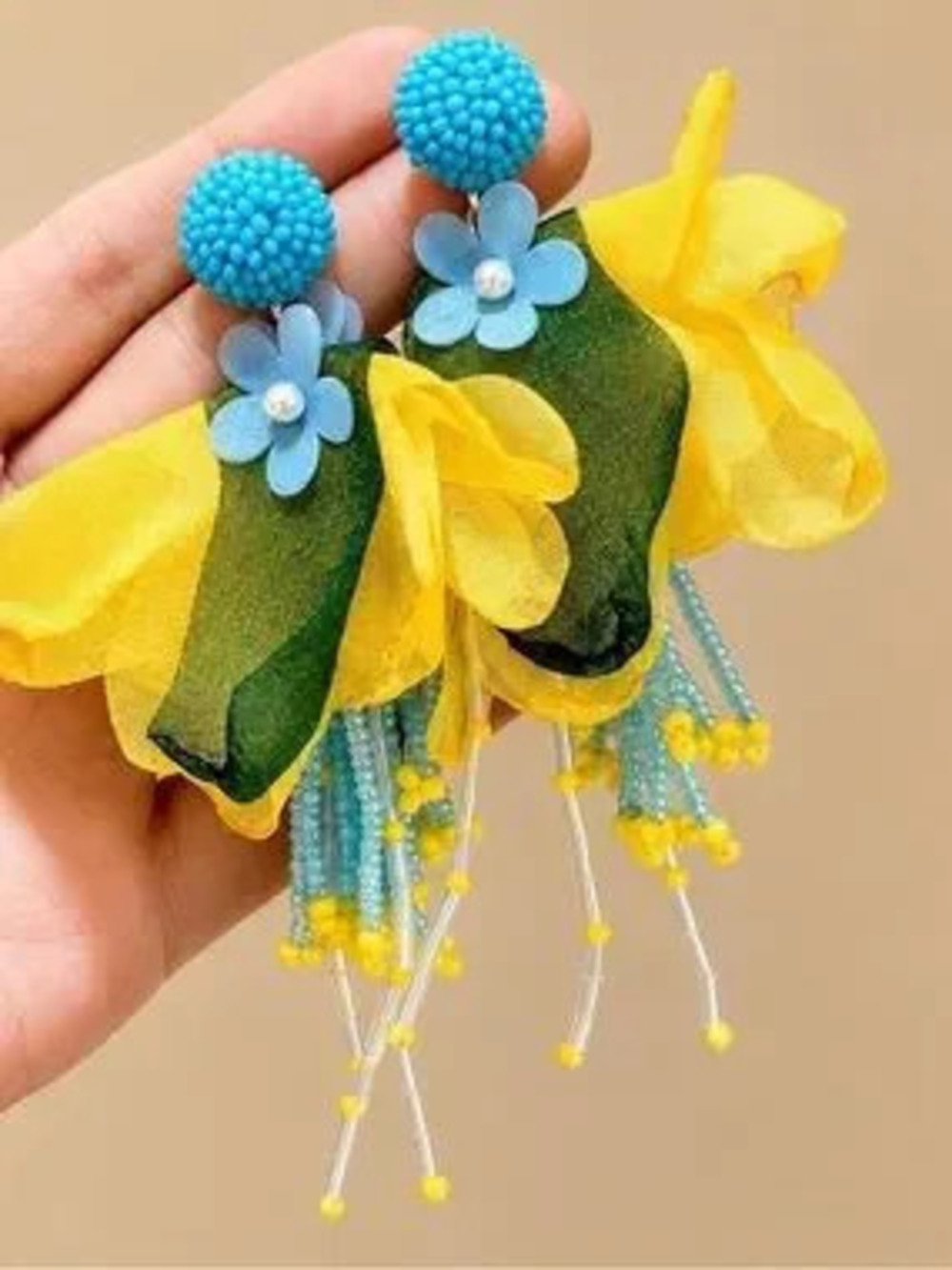 Anthropologie Blue & Yellow Floral Tassel Drop Earrings